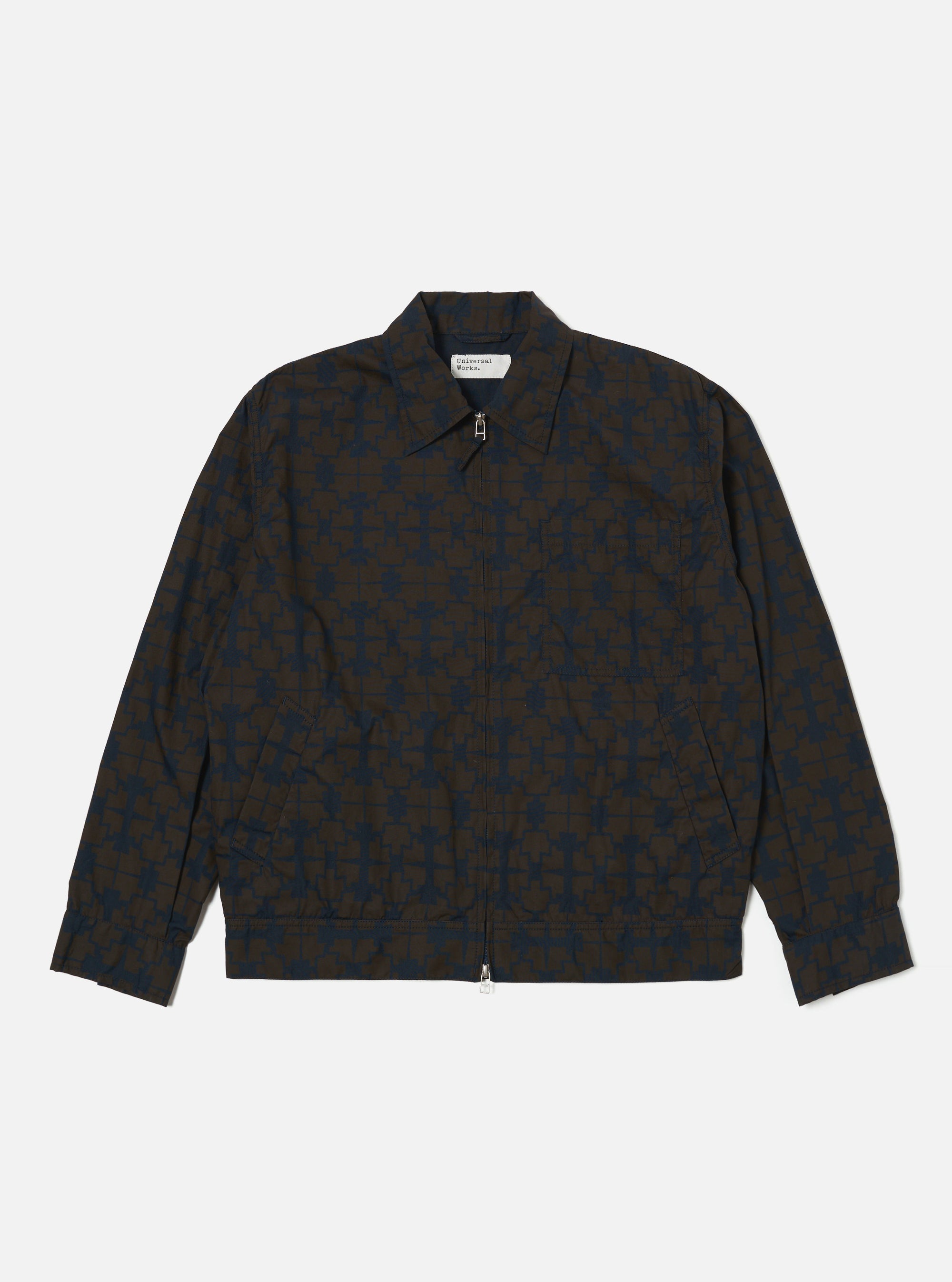 The Navy Mitla Print Cotton Rose Bowl Jacket on a white background. The jacket has a navy and brown print, a zip front, and a classic fit.