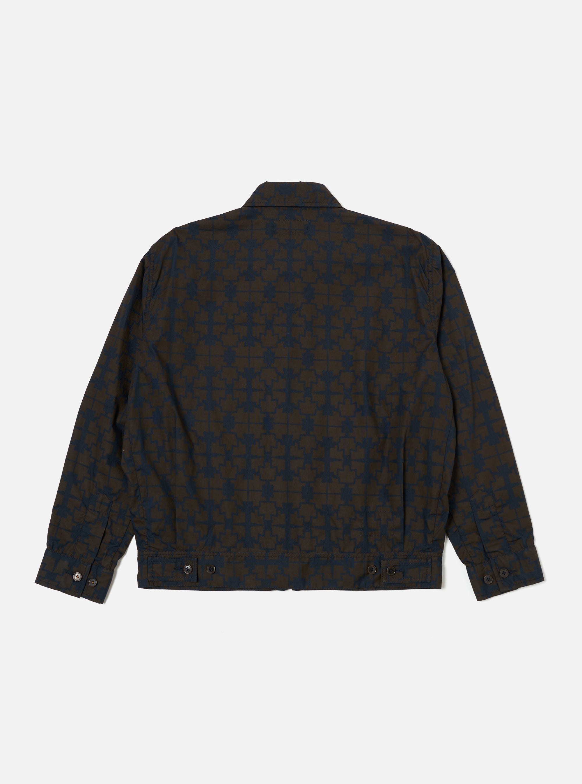 Back view of the Navy Mitla Print Cotton Rose Bowl Jacket on a white background. The jacket features a navy and brown print, long sleeves, and a classic fit.