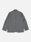 Back view of the Indigo Hickory Stripe Denim Original Bakers Jacket on a white background. The jacket features a blue and white striped pattern and a relaxed fit.
