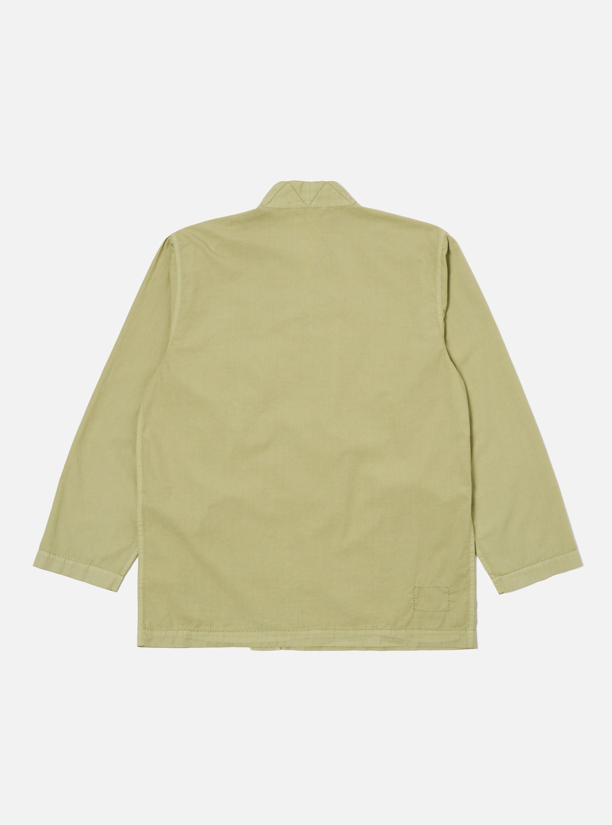 Back view of the pale green broadcloth Osaka work jacket on a white background. The jacket is made of broadcloth and has a relaxed fit.