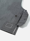 Close-up of the Indigo Hickory Stripe Denim Marine Gilet showing the striped denim fabric, button detail, and pocket on a white background.