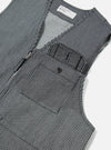 Close-up of the Indigo Hickory Stripe Denim Marine Gilet, showcasing the blue and white striped denim material, front zip, and pocket detail. Shot on a clean, bright background.