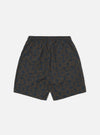 Back view of Navy Mitla Print Cotton Simple Short on a white background. The shorts are brown with a navy geometric print and have a relaxed fit.
