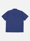Back view of the Blue Linen Cotton Shirting Camp Shirt on a white background. The shirt is a relaxed fit with short sleeves.