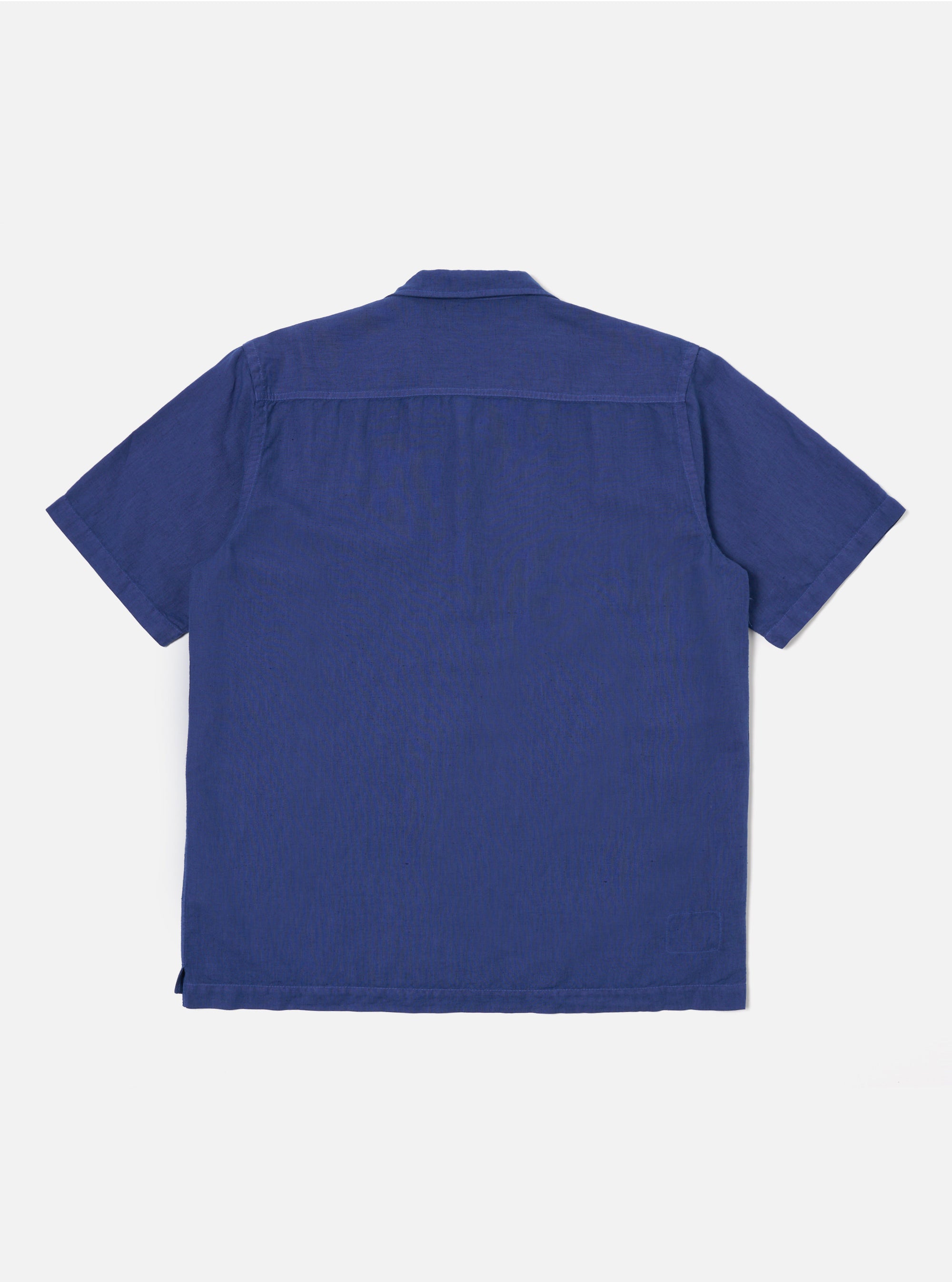 Back view of the Blue Linen Cotton Shirting Camp Shirt on a white background. The shirt is a relaxed fit with short sleeves.