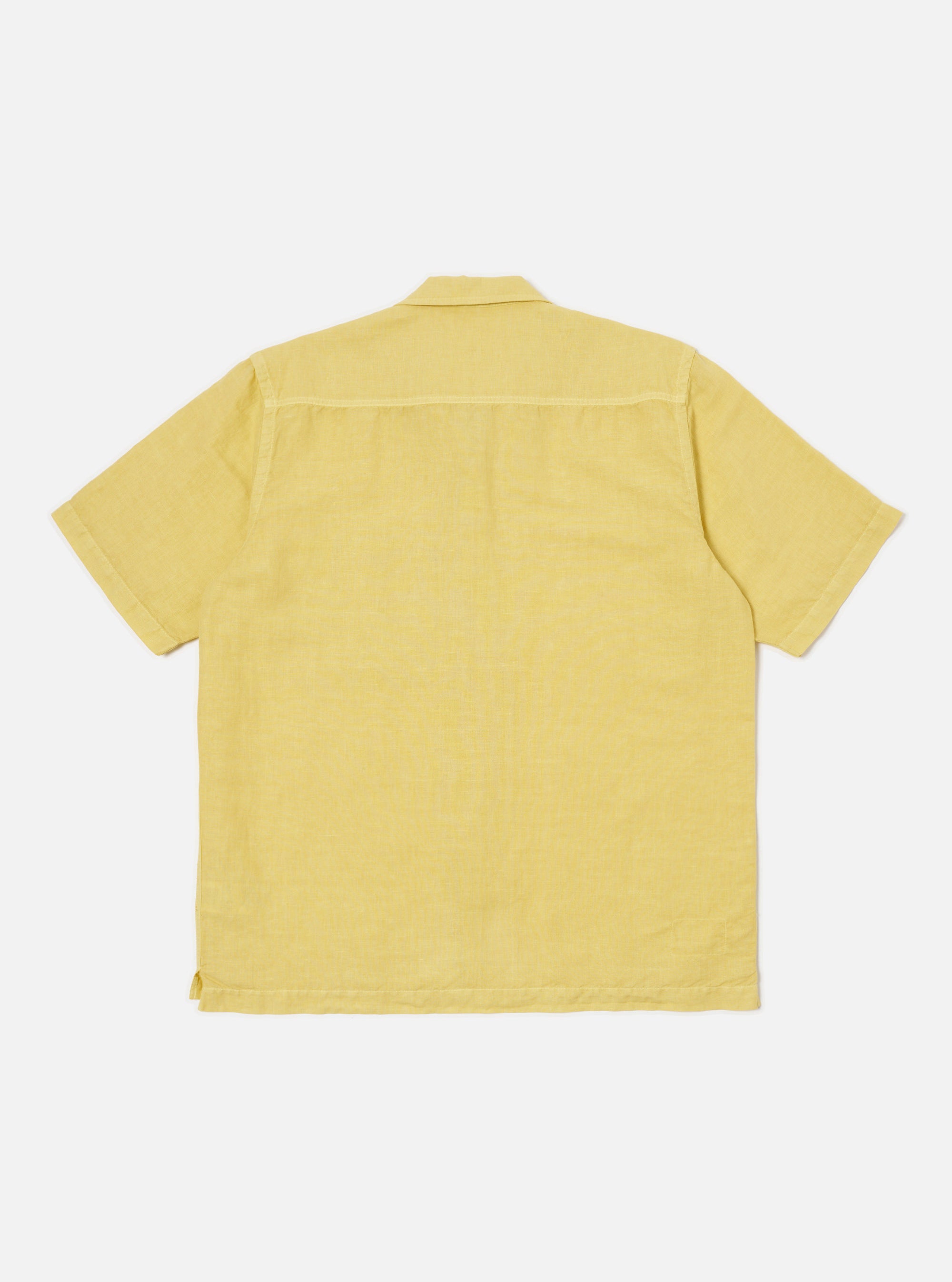 Back view of the Lemon Linen Cotton Shirting Camp Shirt on a white background. The shirt is a light yellow color and has short sleeves.