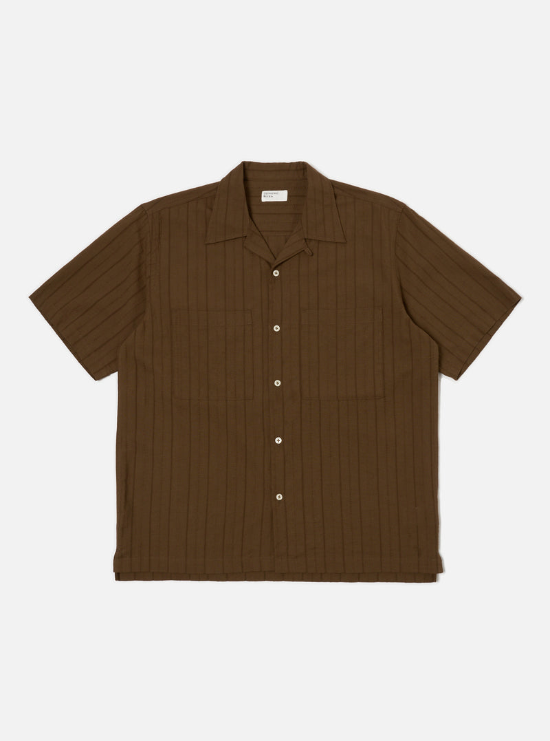 The Brown Dobby Self Stripe Camper Shirt is laid flat on a white background. The shirt is brown with a subtle stripe pattern and has short sleeves and a camp collar.