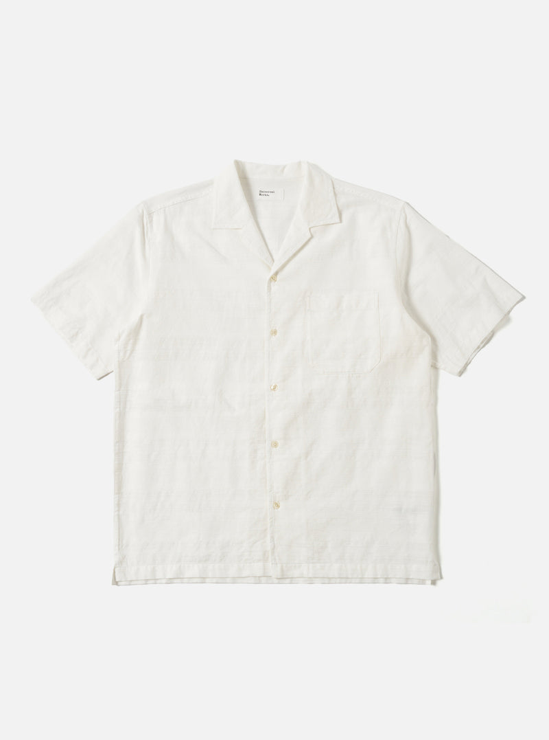The Ecru Deffe Self Stripe Minari Shirt in off-white, displayed on a white background. The short-sleeved shirt has a camp collar and a chest pocket.