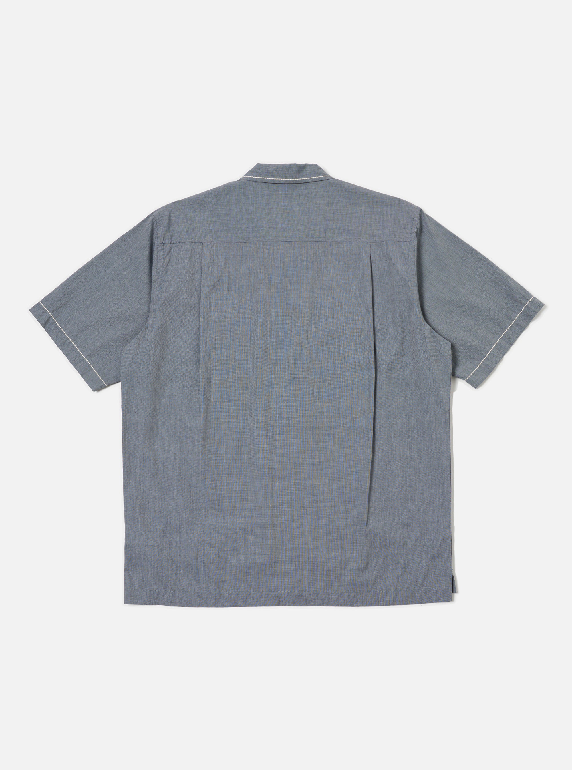 Back view of the Grey End On End Cotton Utility SS Shirt on a white background. The shirt is a relaxed fit with short sleeves and white piping.