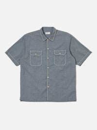 The Grey End On End Cotton Utility SS Shirt is laid flat on a white background. It's a short-sleeved, button-down shirt with two chest pockets and white contrast stitching.