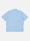 Back view of the Blue Vila Stripes Sal Road Shirt. Light blue with white stripes, short sleeves. Laid flat on a white background.