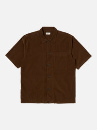 The Khaki Summer Cord Tech Overshirt in brown corduroy, laid flat on a white background. The short-sleeved shirt has a button-up front and a chest pocket.