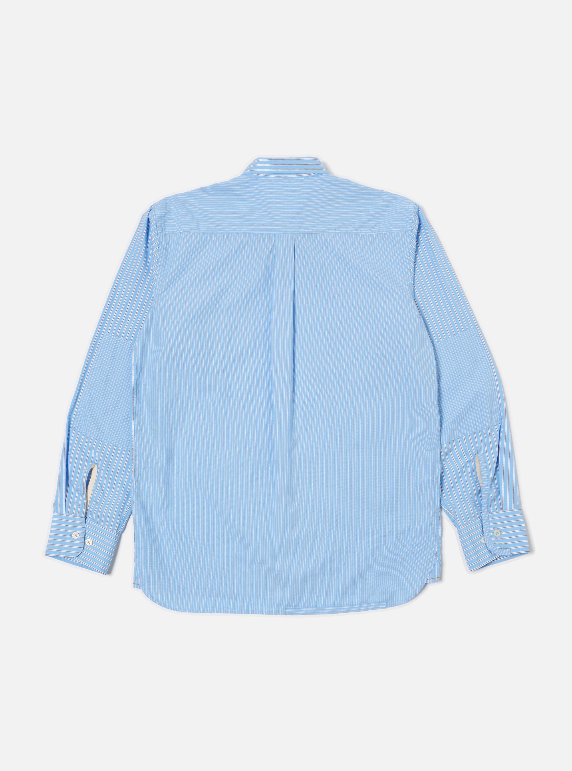 The Blue Vila Stripes Patched Shirt, a light blue and white striped long-sleeve shirt, is laid flat on a white background. The back of the shirt is visible.