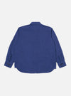 Back view of the Blue Linen Cotton Shirting Travail Overshirt on a white background. The blue overshirt has long sleeves and a classic collar.