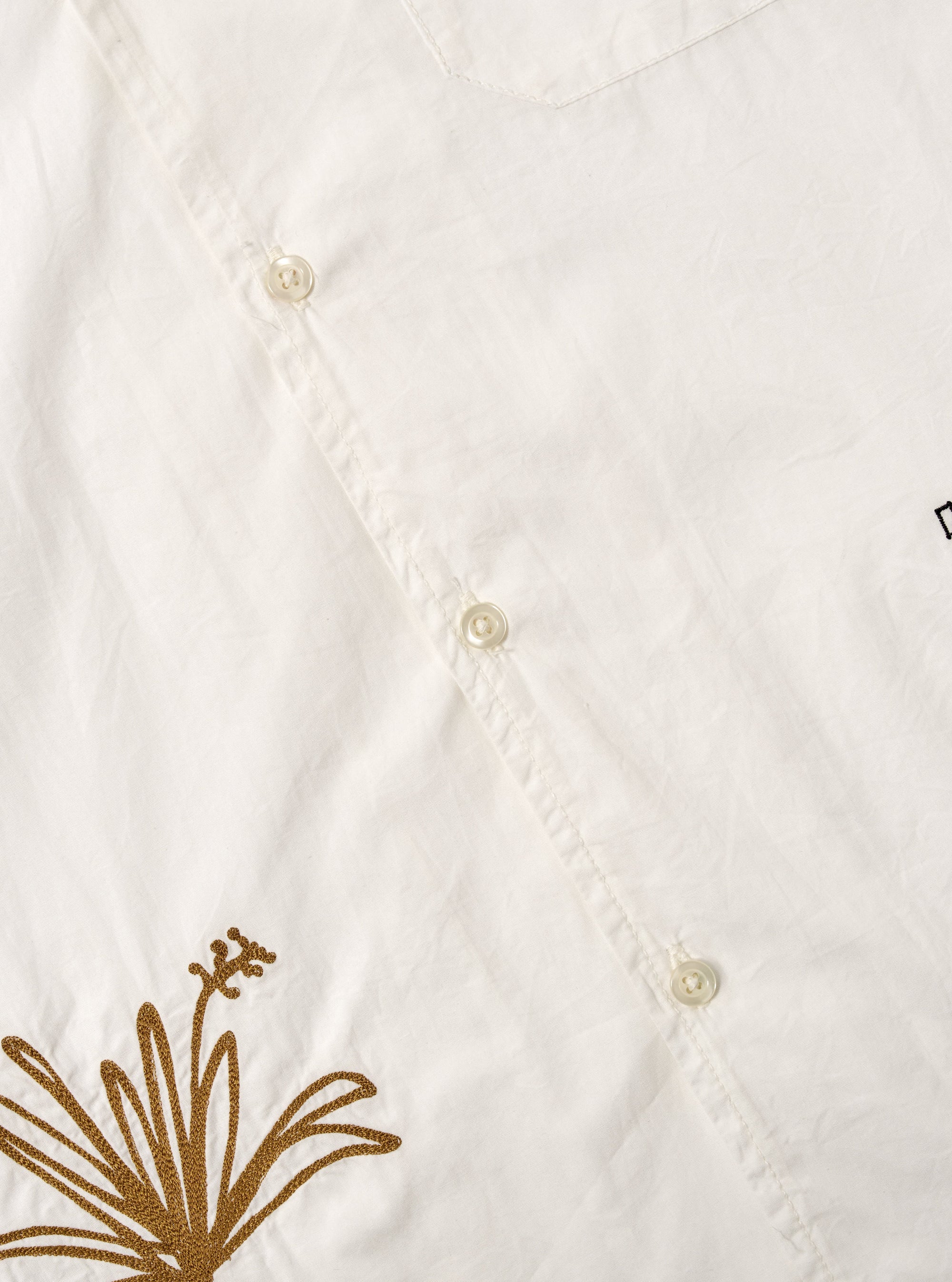 Close-up of the Ecru Embroidered Poplin Minari Shirt. Features ecru poplin fabric, button-down style, and gold floral embroidery. Shot on a flat surface.