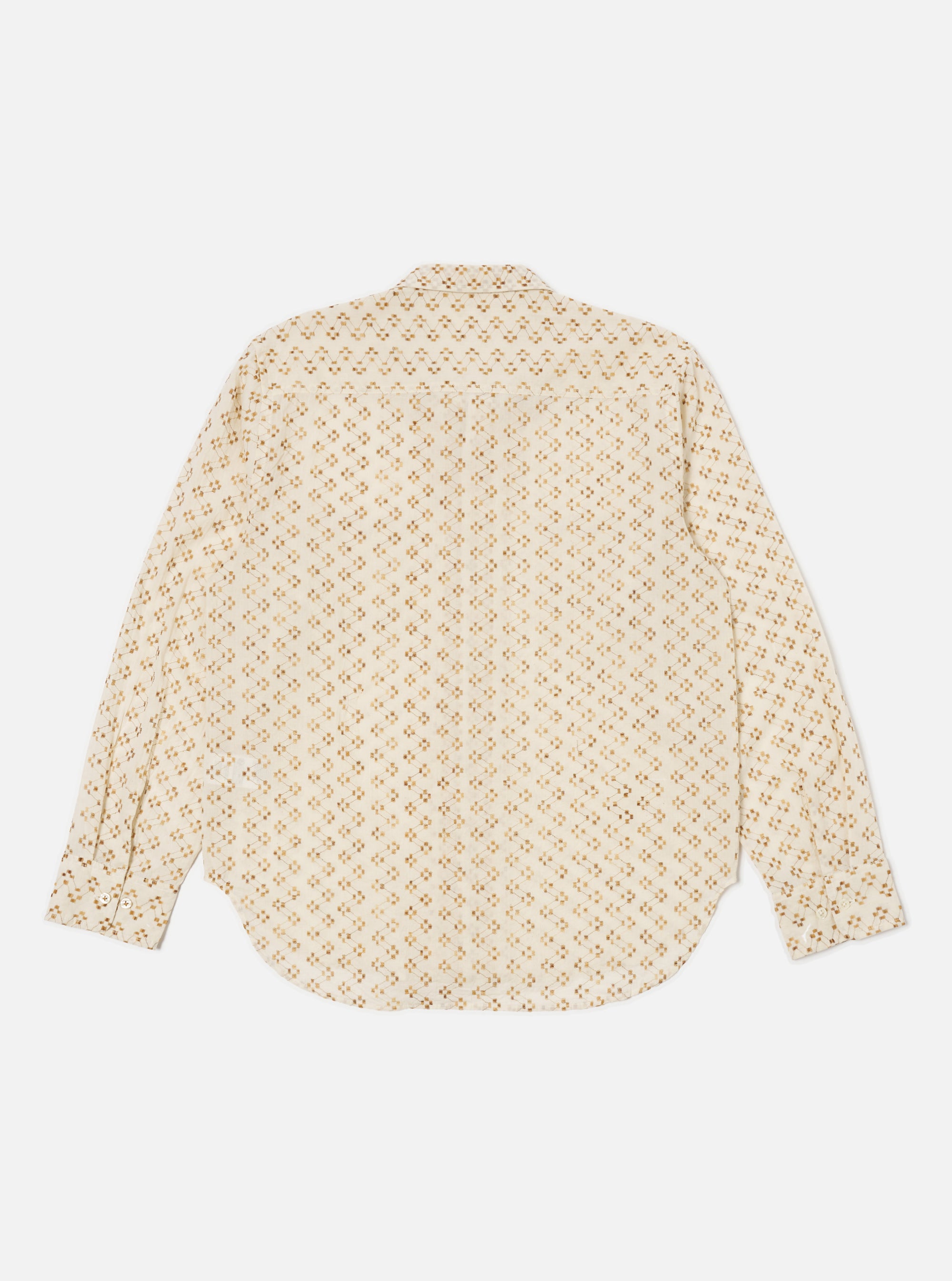 The Camel Mitla Weave Work Shirt, back view, on a white background. Beige fabric with brown woven pattern. Long sleeves, buttoned cuffs. Casual fit.