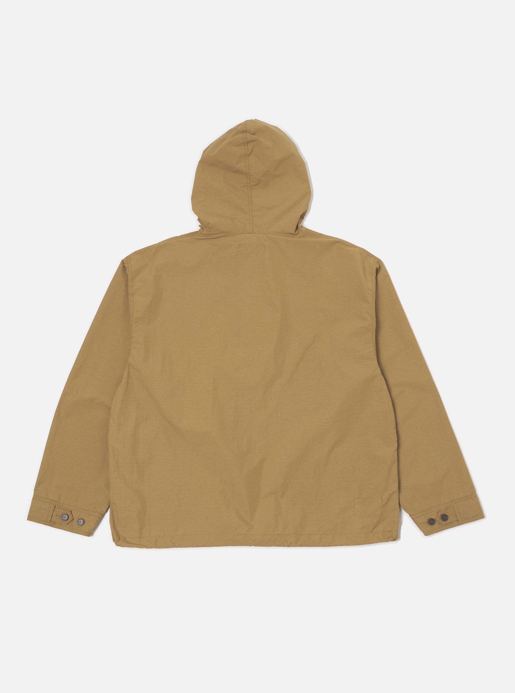 Back view of the Dark Sand Peach Recycled Nylon Liam Jacket, a hooded jacket in a light brown color, displayed on a white background.