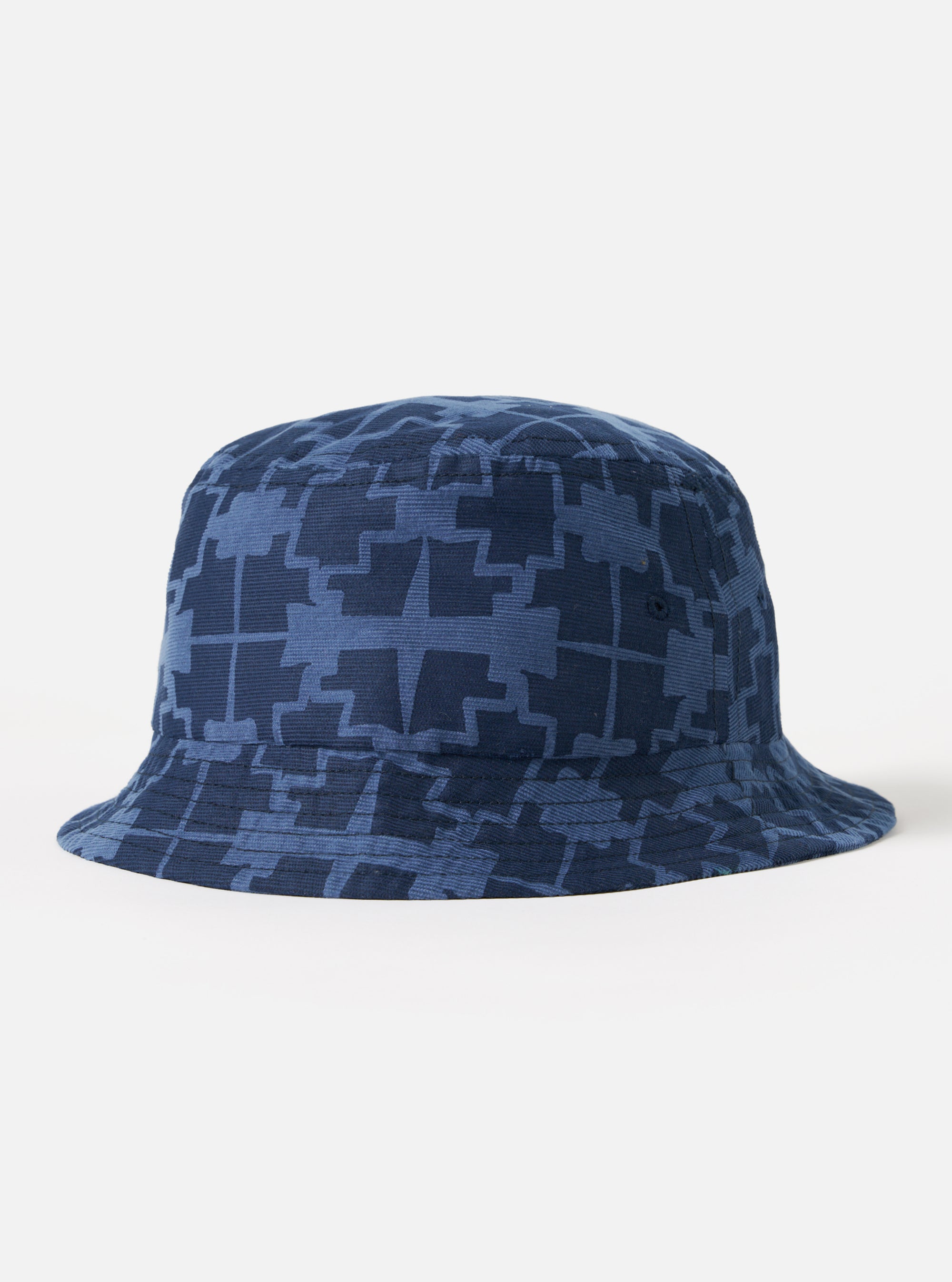 Close-up of the Navy Mitla Print Cord Beach Hat on a white background. The hat is blue corduroy with a geometric print.