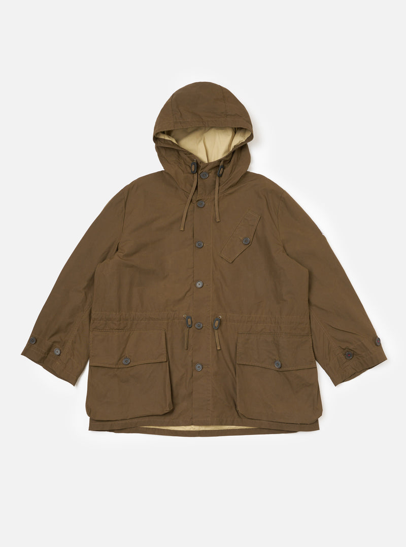 The Brown British Wax Cotton Boston Parka, displayed on a white background. The parka features a hood, button closure, and multiple pockets.