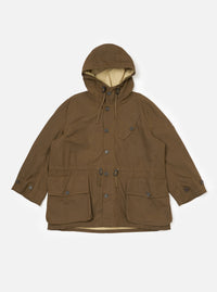 The Brown British Wax Cotton Boston Parka, displayed on a white background. The parka features a hood, button closure, and multiple pockets.