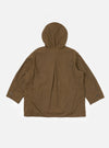 Back view of a brown British Wax Cotton Boston Parka on a white background. The parka has a hood and a relaxed fit.