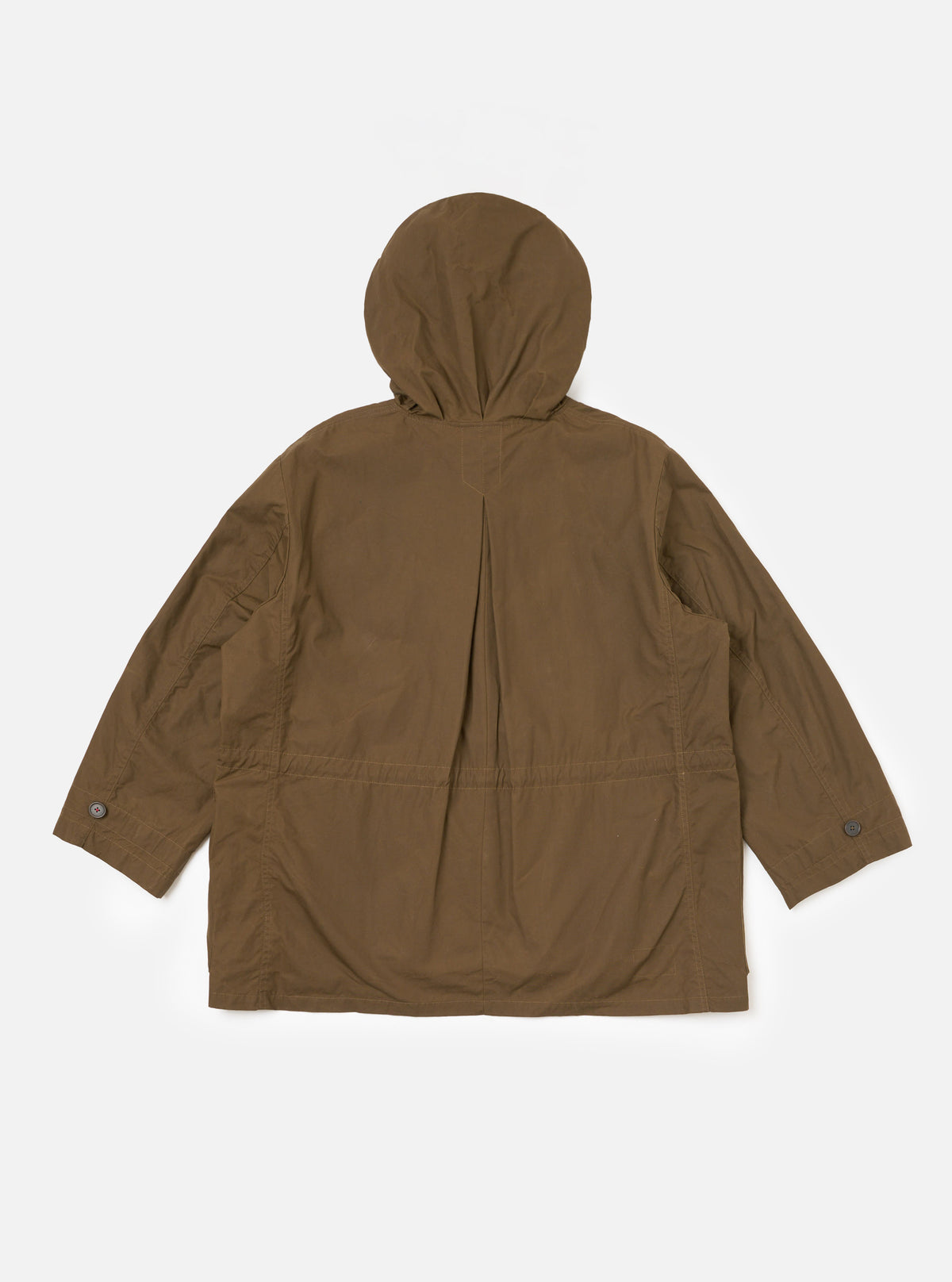 Back view of a brown British Wax Cotton Boston Parka on a white background. The parka has a hood and a relaxed fit.