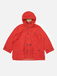 The Orange British Wax Cotton Boston Parka, laid flat on a white background. This hooded jacket features button closures and multiple pockets.