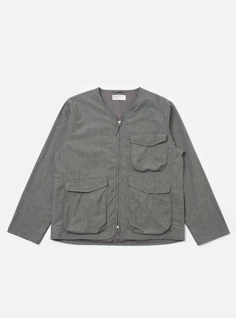 The Charcoal Organic Chambray Parachute Liner Jacket in charcoal gray, laid flat on a white background. The jacket has a zip front and four pockets.