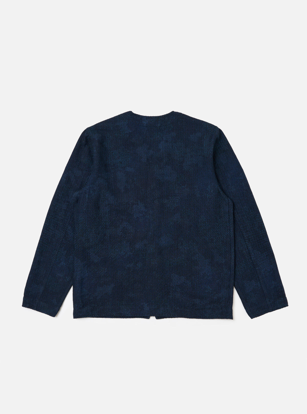 Back view of the Black/Indigo Denim Camo Cabin Jacket on a white background. The jacket features a subtle camo pattern in dark blue denim.