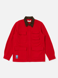 The Red Mowbray Military Fatigue Jacket in red wool with a brown corduroy collar, laid flat on a white background. Features multiple pockets and a small logo.