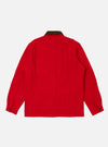 Back view of the Red Mowbray Military Fatigue Jacket on a white background. The jacket is red with a brown corduroy collar and buttoned cuffs.