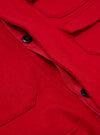 Close up of the Red Mowbray Military Fatigue Jacket. The red wool jacket has black buttons and a red lining. The image is shot on a plain background.