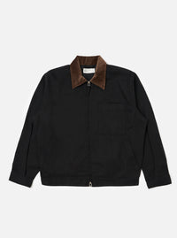 The Black Works Twill Rose Bowl Jacket on a clean white background. The jacket is black twill with a brown corduroy collar. It features a zip front and a chest pocket.