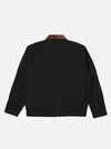 Back view of the Black Works Twill Rose Bowl Jacket on a white background. Features a black twill body and brown corduroy collar. Button closure and cuffs.