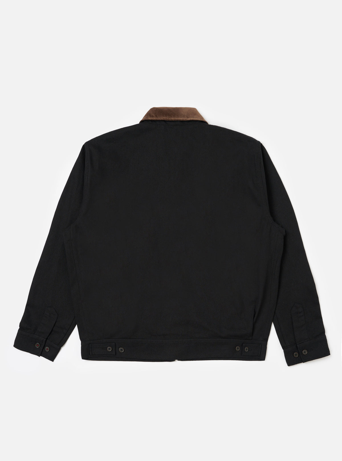 Back view of the Black Works Twill Rose Bowl Jacket on a white background. Features a black twill body and brown corduroy collar. Button closure and cuffs.