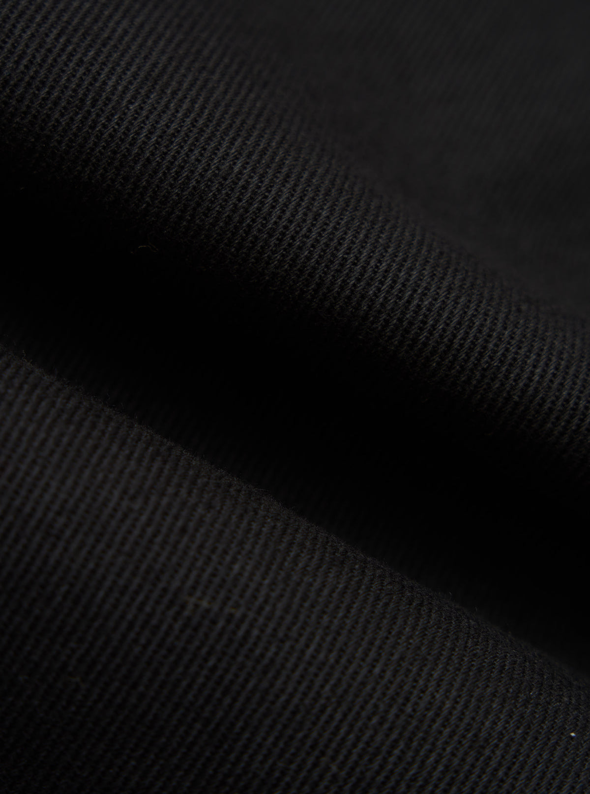 Close-up of the Black Works Twill Rose Bowl Jacket material. The black twill fabric is folded, showing the texture and weave. Dark, moody lighting.