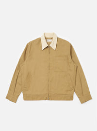 Khaki Works Twill Rose Bowl Jacket in khaki with a cream collar, displayed on a white background. The jacket has a zip front and chest pocket.