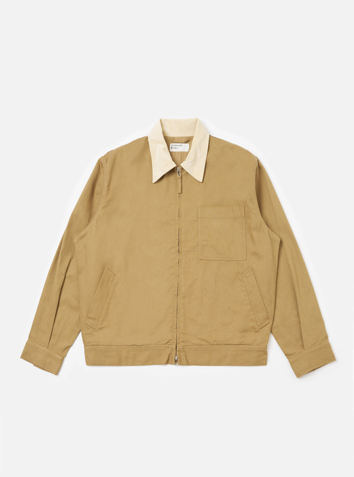 Khaki Works Twill Rose Bowl Jacket in khaki with a cream collar, displayed on a white background. The jacket has a zip front and chest pocket.