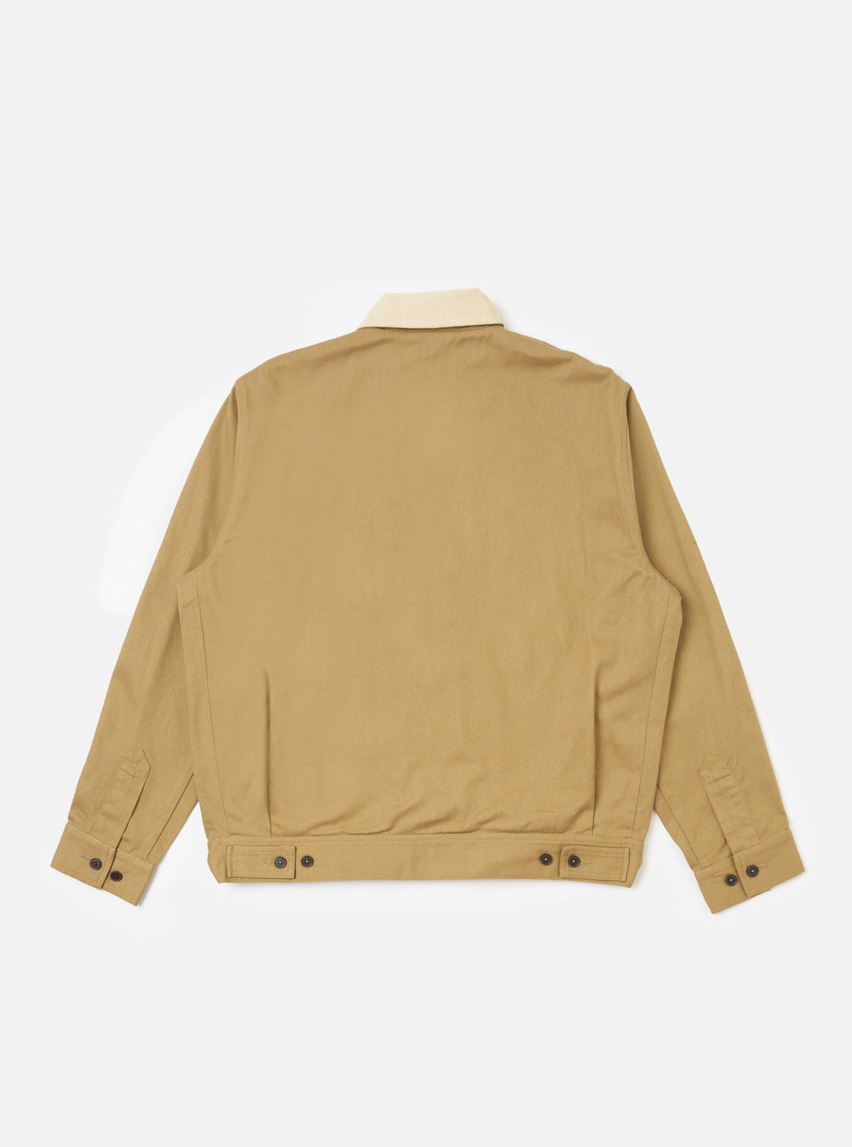 Back view of the Khaki Works Twill Rose Bowl Jacket on a white background. The jacket is khaki with a cream collar and buttoned cuffs and hem.