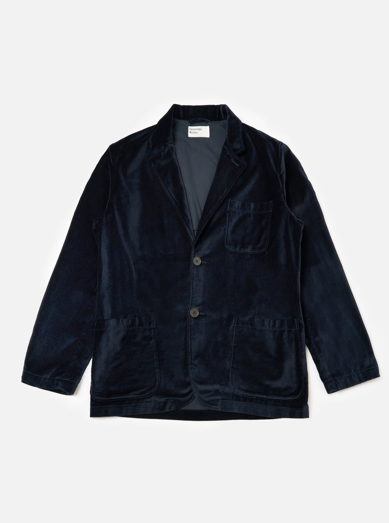 The Navy Velveteen Two Button Jacket is displayed on a white background. The jacket is a rich navy color and has a classic fit with two buttons.