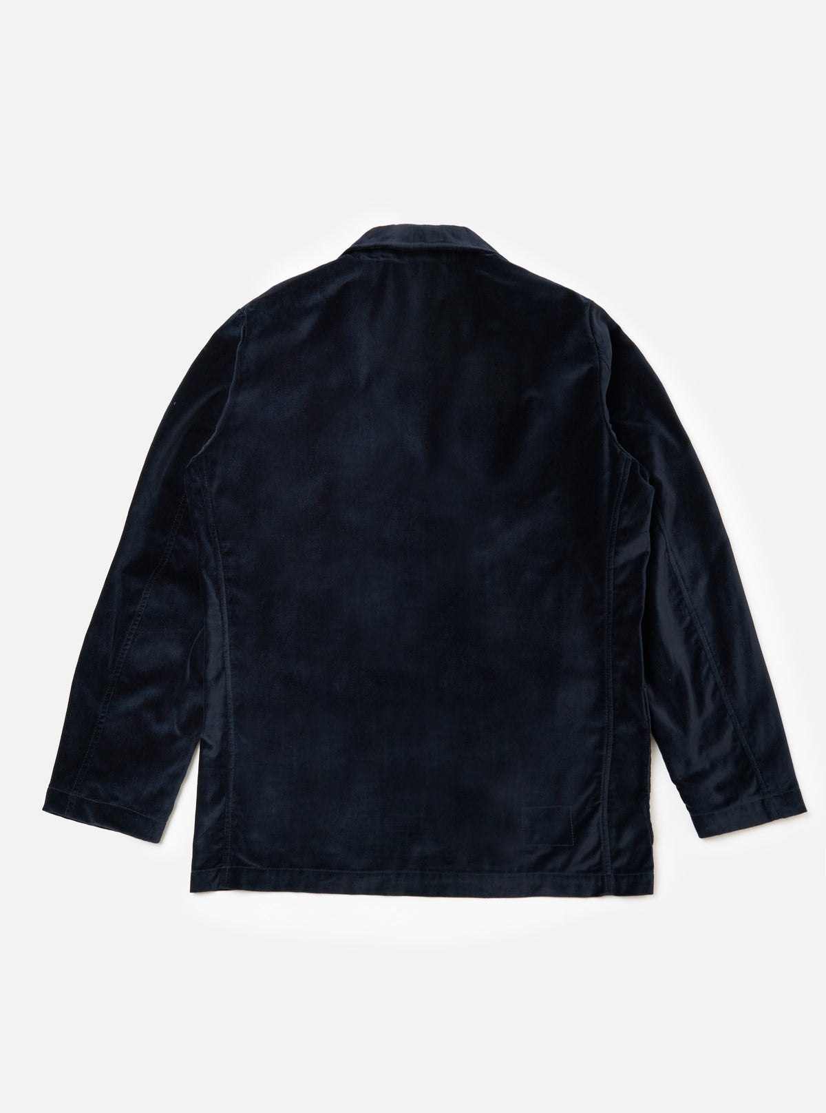 Back view of the Navy Velveteen Two Button Jacket on a white background. The jacket is a rich navy color and appears to be made of soft velveteen.