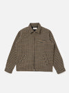 The Sand Cortina Tweed Windcheater in a brown and black tweed pattern, laid flat on a white background. The jacket is fully zipped and shows the collar.