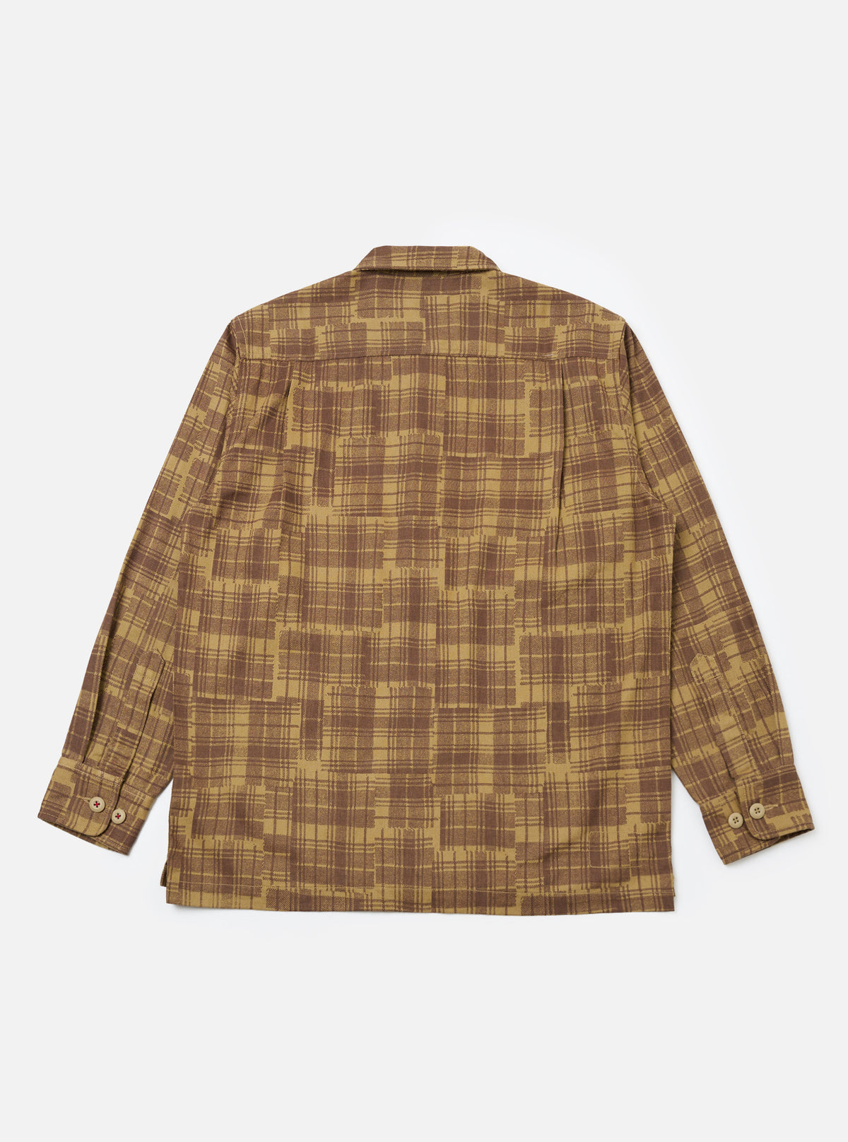 Back view of the Khaki Patch Check Twill Fatigue Shirt on a white background. The shirt features a brown and khaki check pattern and long sleeves.