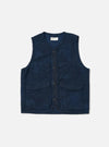 The Black/Indigo Denim Camo 4 Pocket Gilet is displayed on a white background. The gilet is indigo with a subtle camo pattern, featuring four pockets and a button-up front.