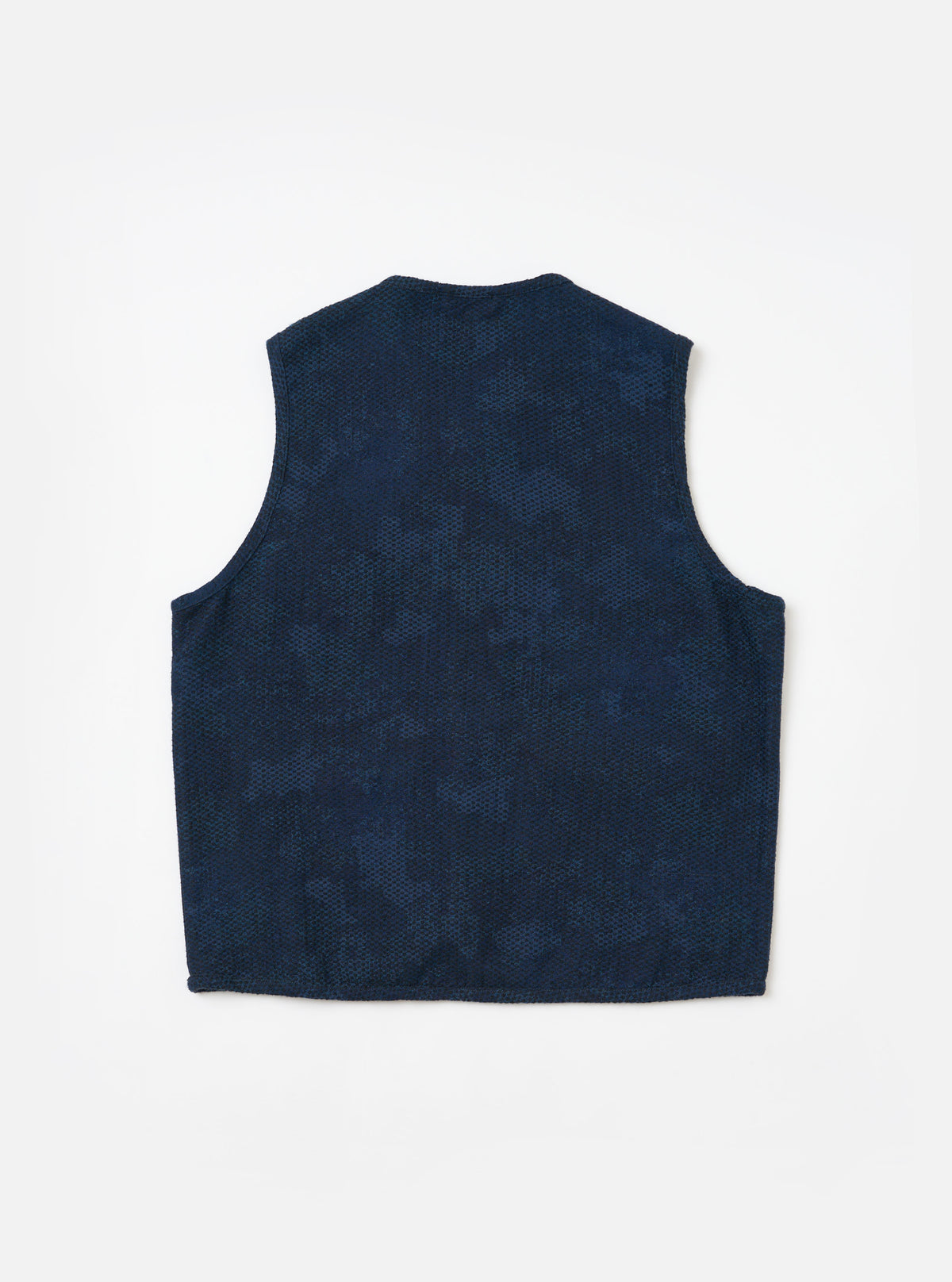 The back of a Black/Indigo Denim Camo 4 Pocket Gilet laid flat on a white background. The gilet features a subtle camo pattern in dark blue denim.
