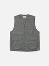The Charcoal Organic Chambray Parachute Liner Gilet is displayed on a white background. The vest is charcoal gray and features a full zip front and four front pockets.