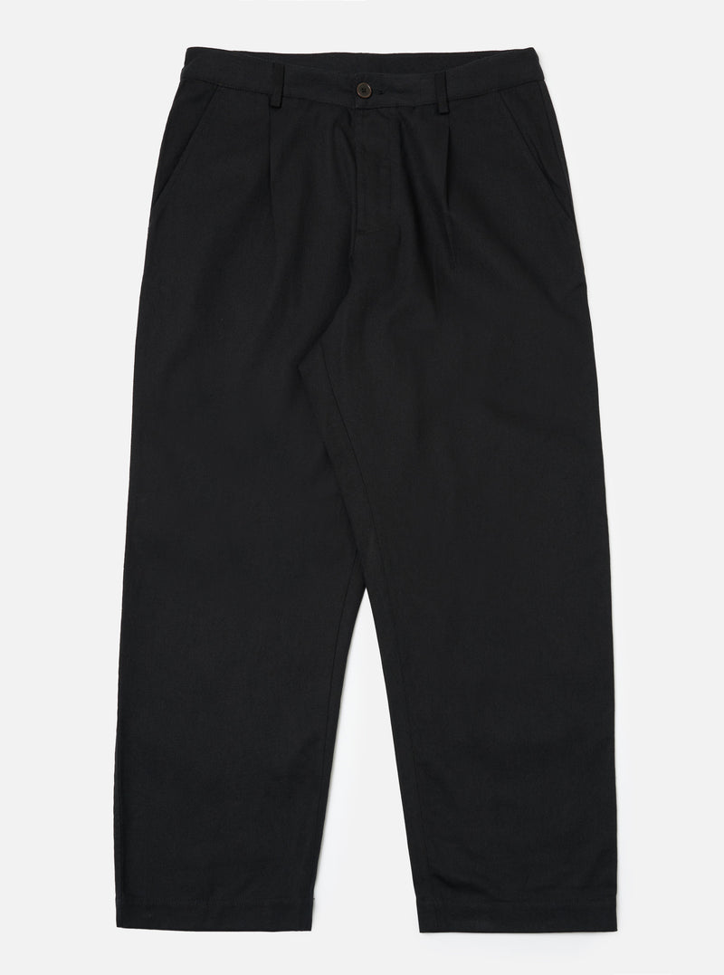 Studio shot of the Black Works Twill Duke Pant on a white background. The pants are black twill, with a relaxed fit.
