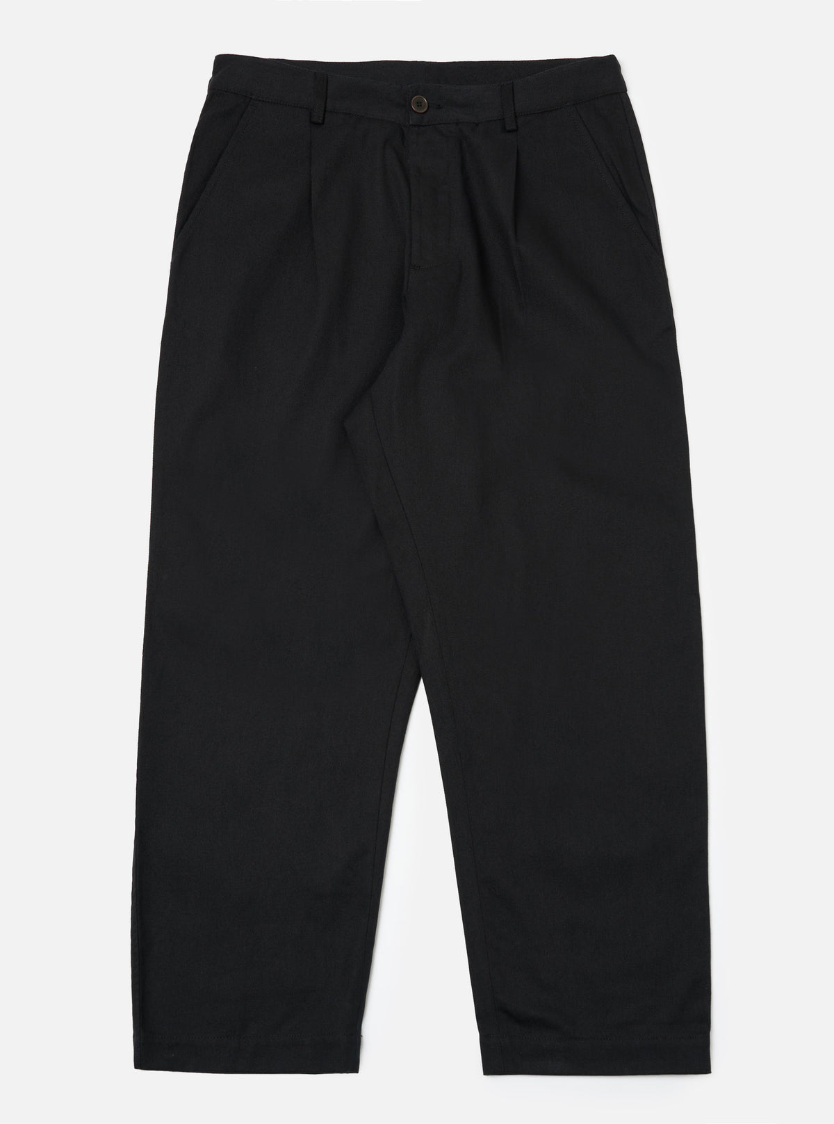 Studio shot of the Black Works Twill Duke Pant on a white background. The pants are black twill, with a relaxed fit.