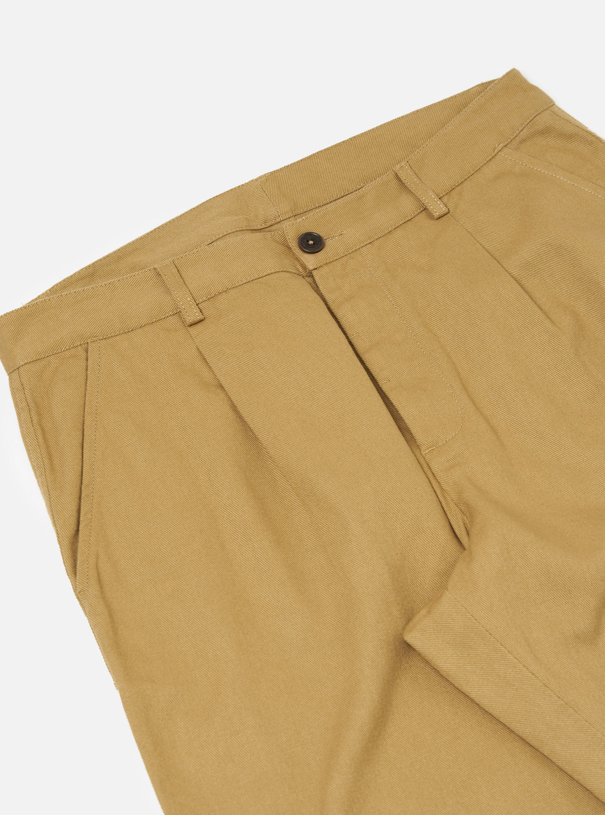 Close-up of Khaki Works Twill Duke Pant on a white background. The khaki twill fabric shows the texture and details of the pant's construction.
