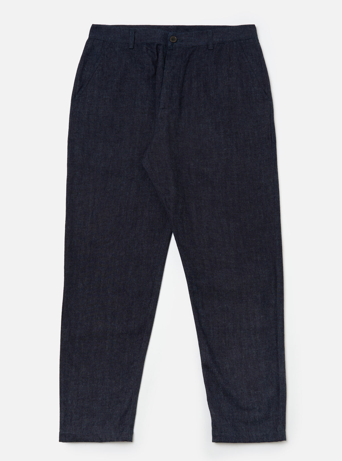 Indigo Brushed Denim Military Chino pants on a white background. The denim has a brushed texture and a relaxed fit.